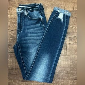 KanCan Dark Blue Frayed Hem Cropped Jeans